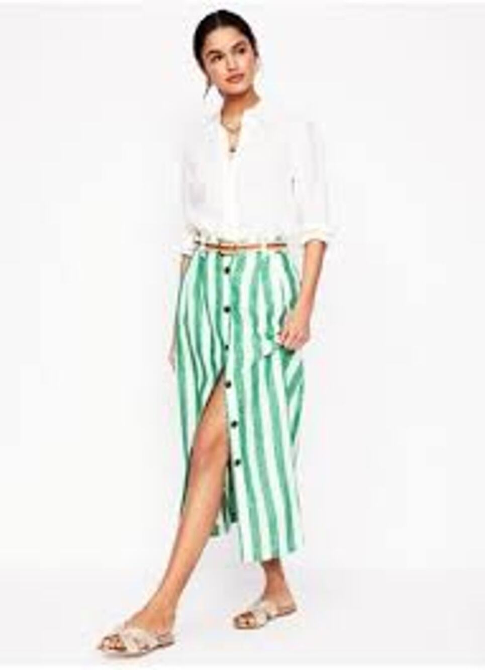 Boden Womens Thomasina Linen Midi Skirt Striped Euro Summer Button Front 2